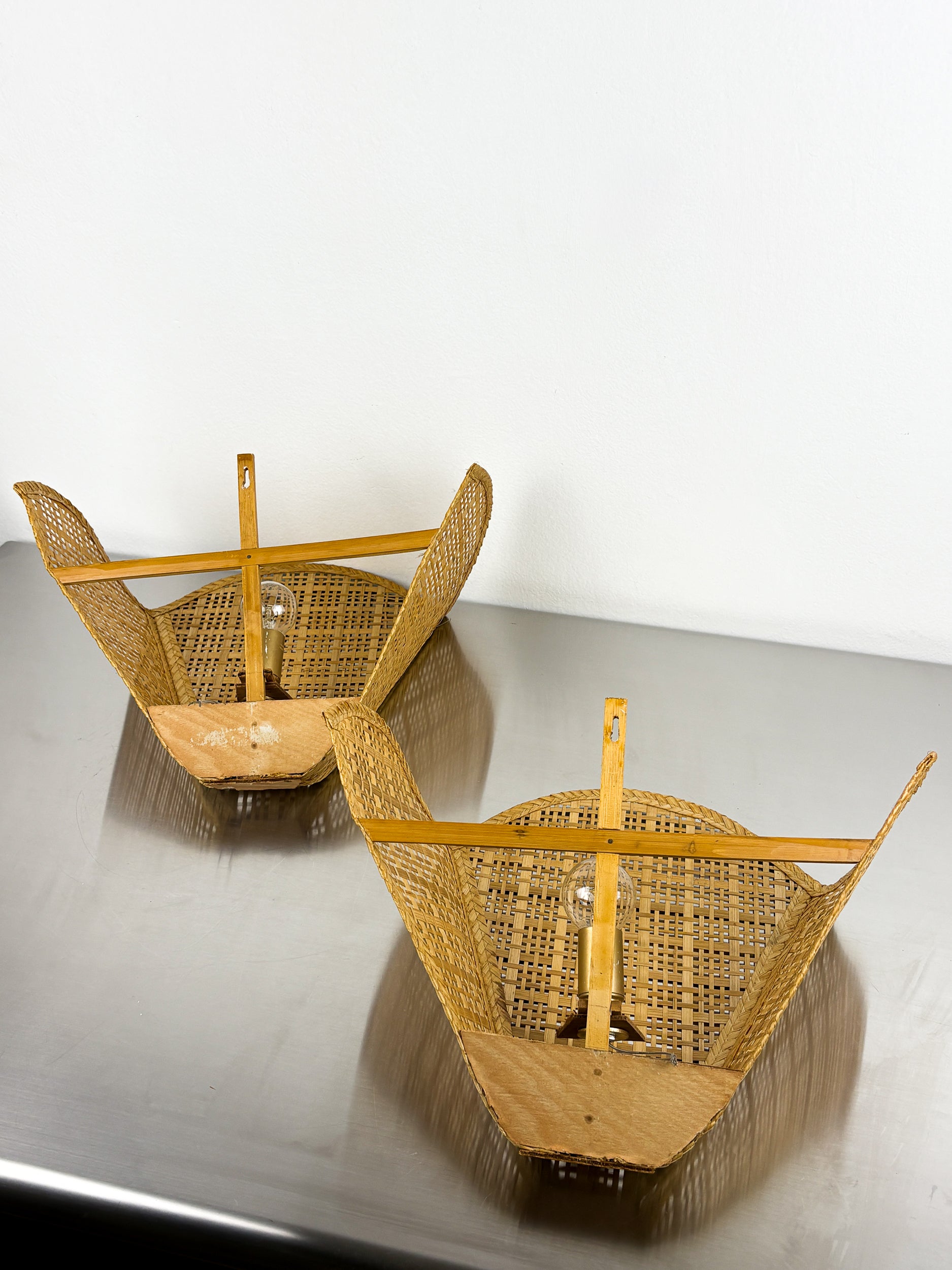Pair of Scalloped Rattan Wall Sconces,  Sourced in Spain, 1980's