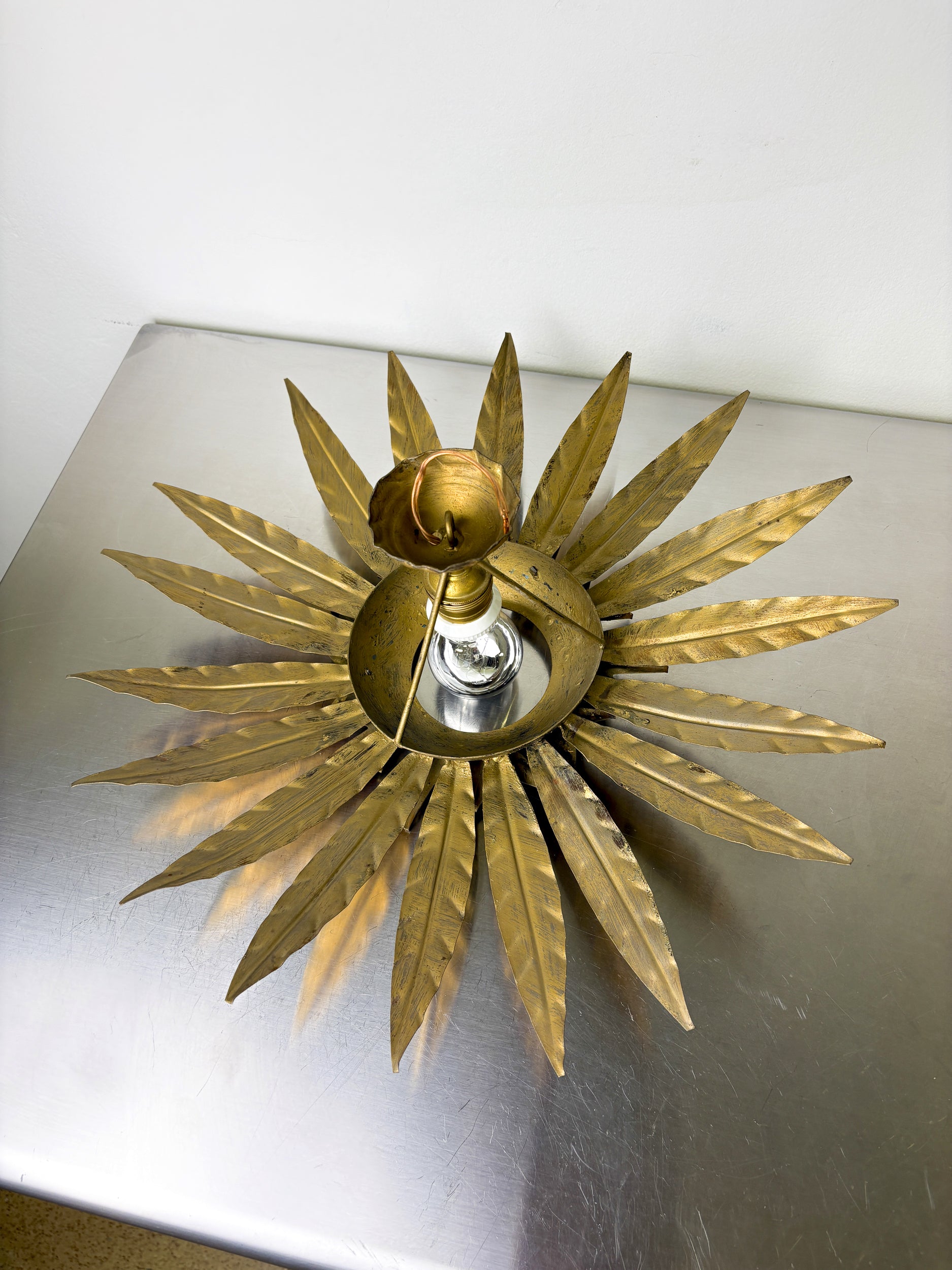 Mid-Century Modern Sunburst Light Fixture with Leaves, French Craftmanship, 1950's