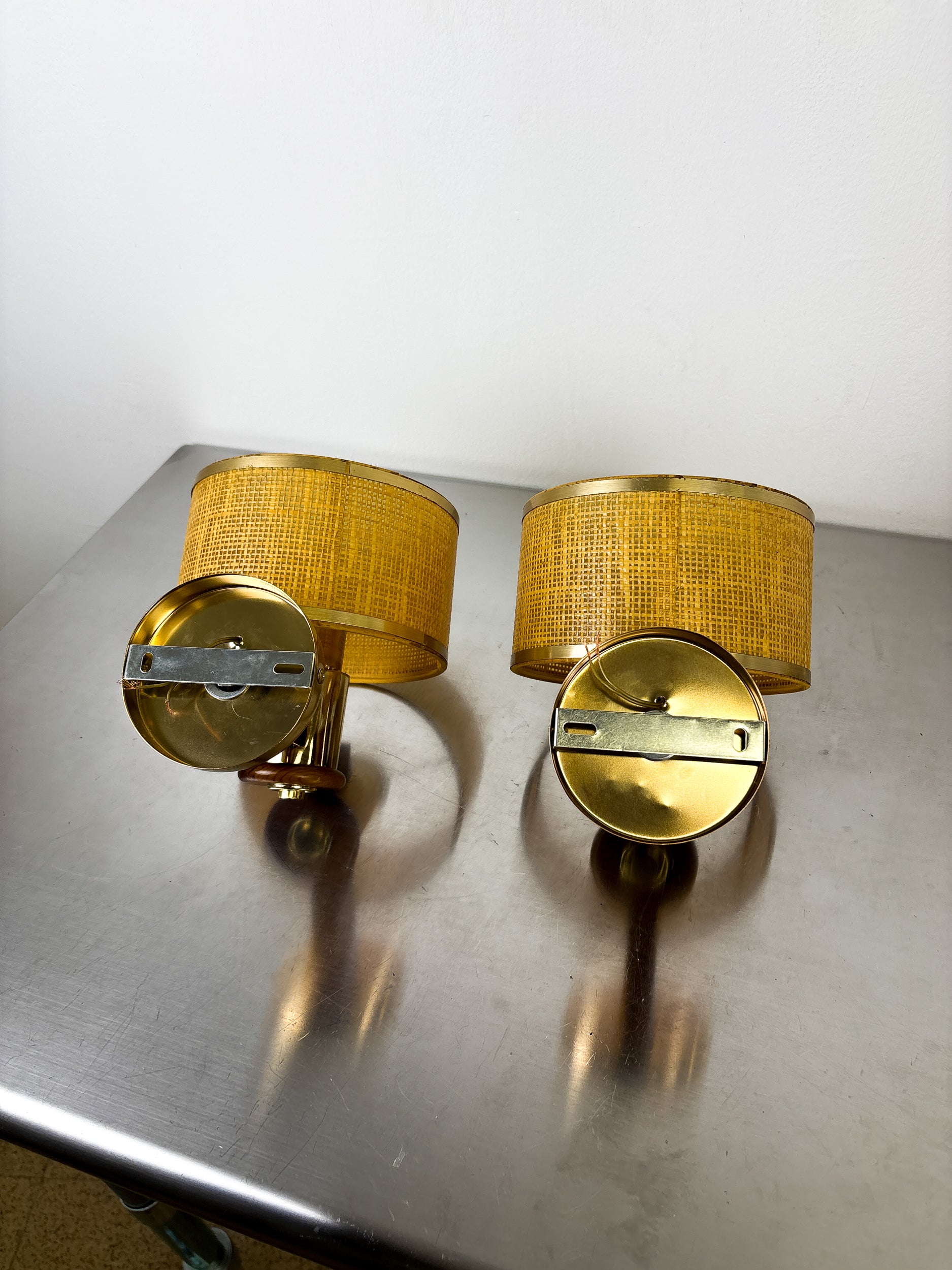 Pair of Vintage Rattan & Wood Wall Sconces, Italy, Circa 1970's
