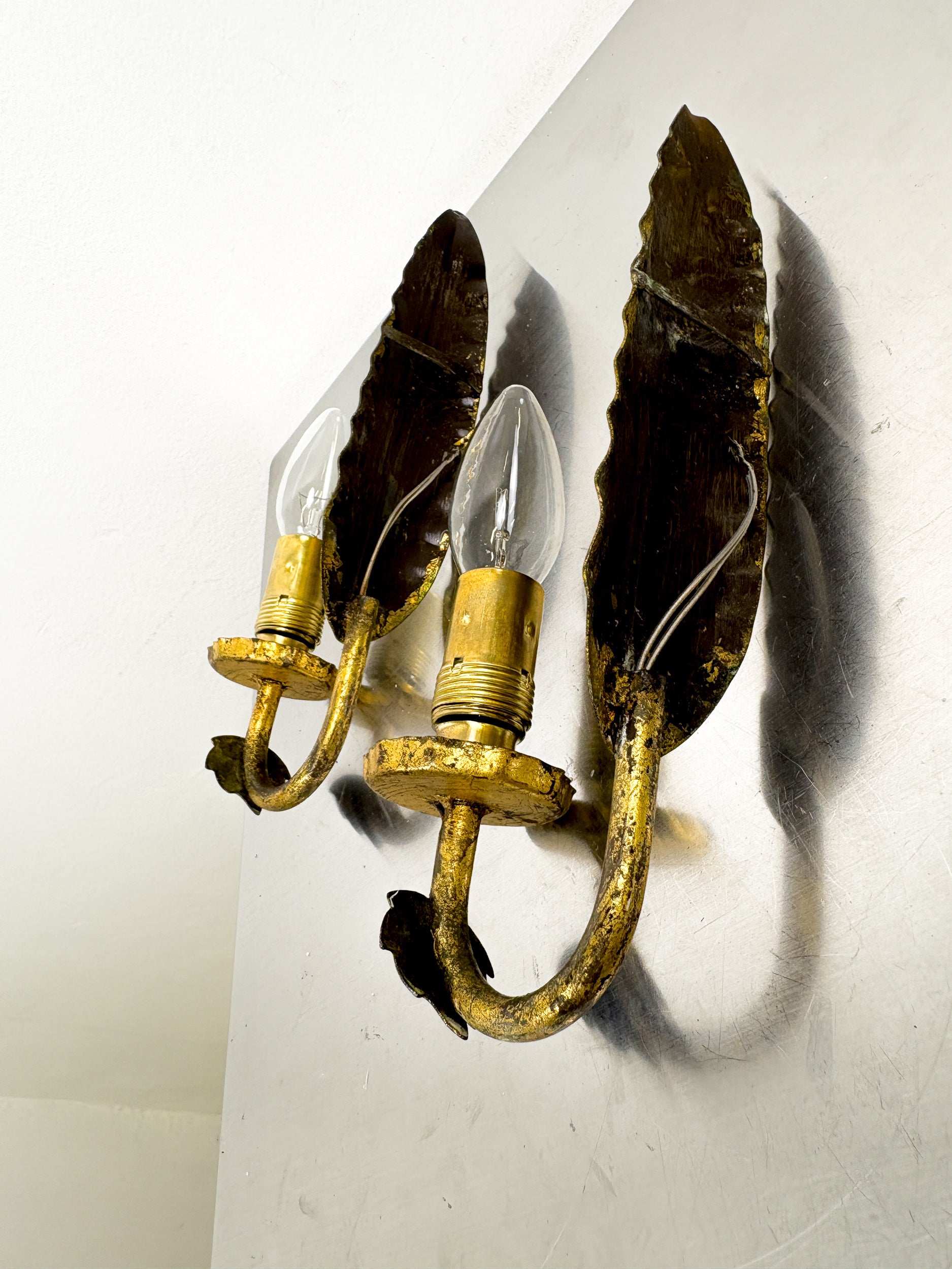 Pair of Spanish Foliage Wall Sconces, Leaf Arms & Bud Shades, Gilt Iron, 1970's