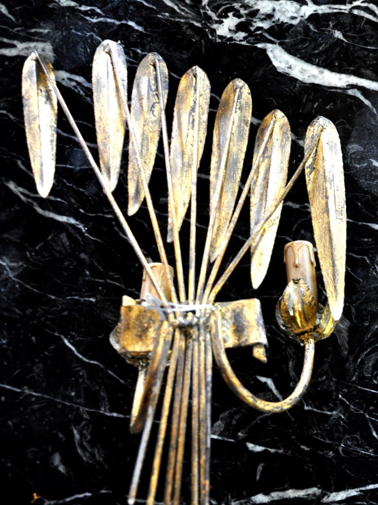 Large Pair of Gilt Metal Floral Wall Sconces, Italy, 1950s