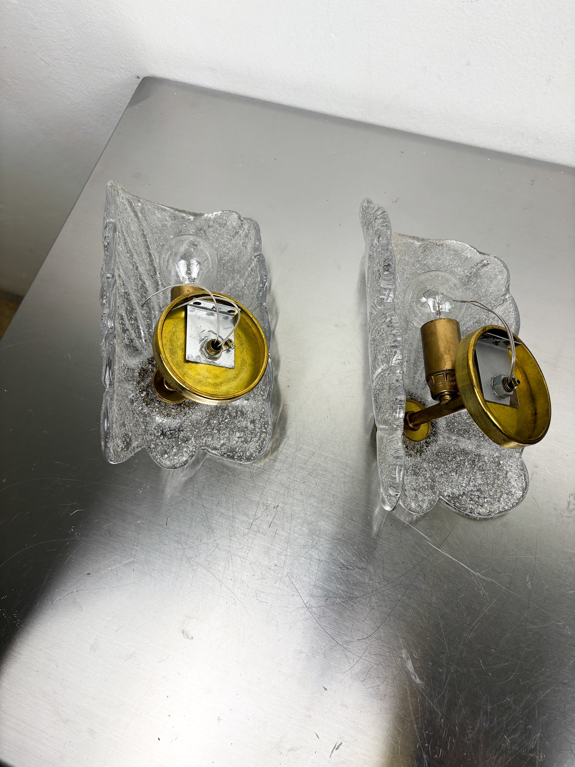Pair of Murano Frosted Leaf Sconces, Textured Glass & Gilt Details, Italy 1970's