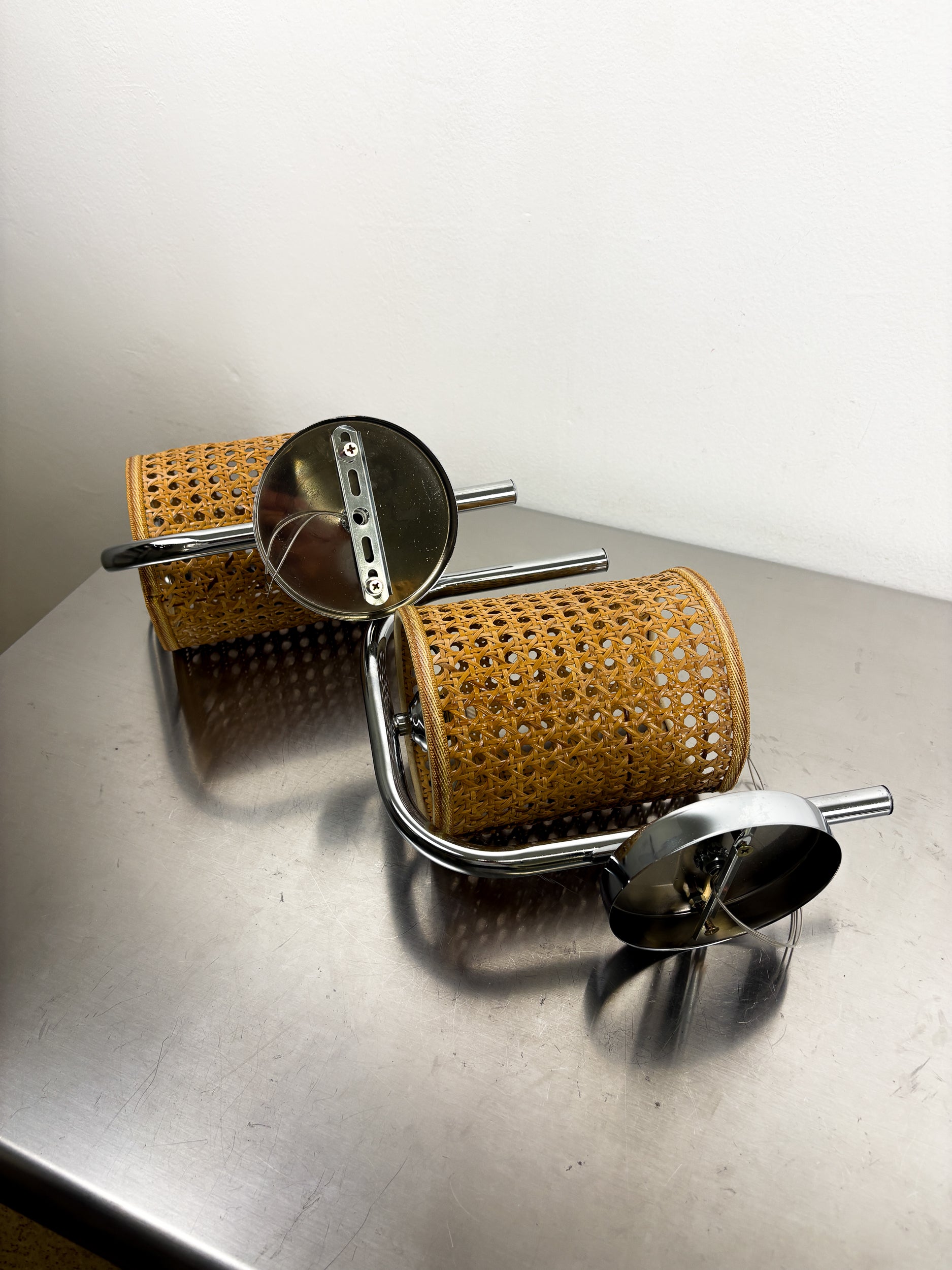 Pair of Vintage Rattan & Chrome Wall Lights, Italy, 1970's