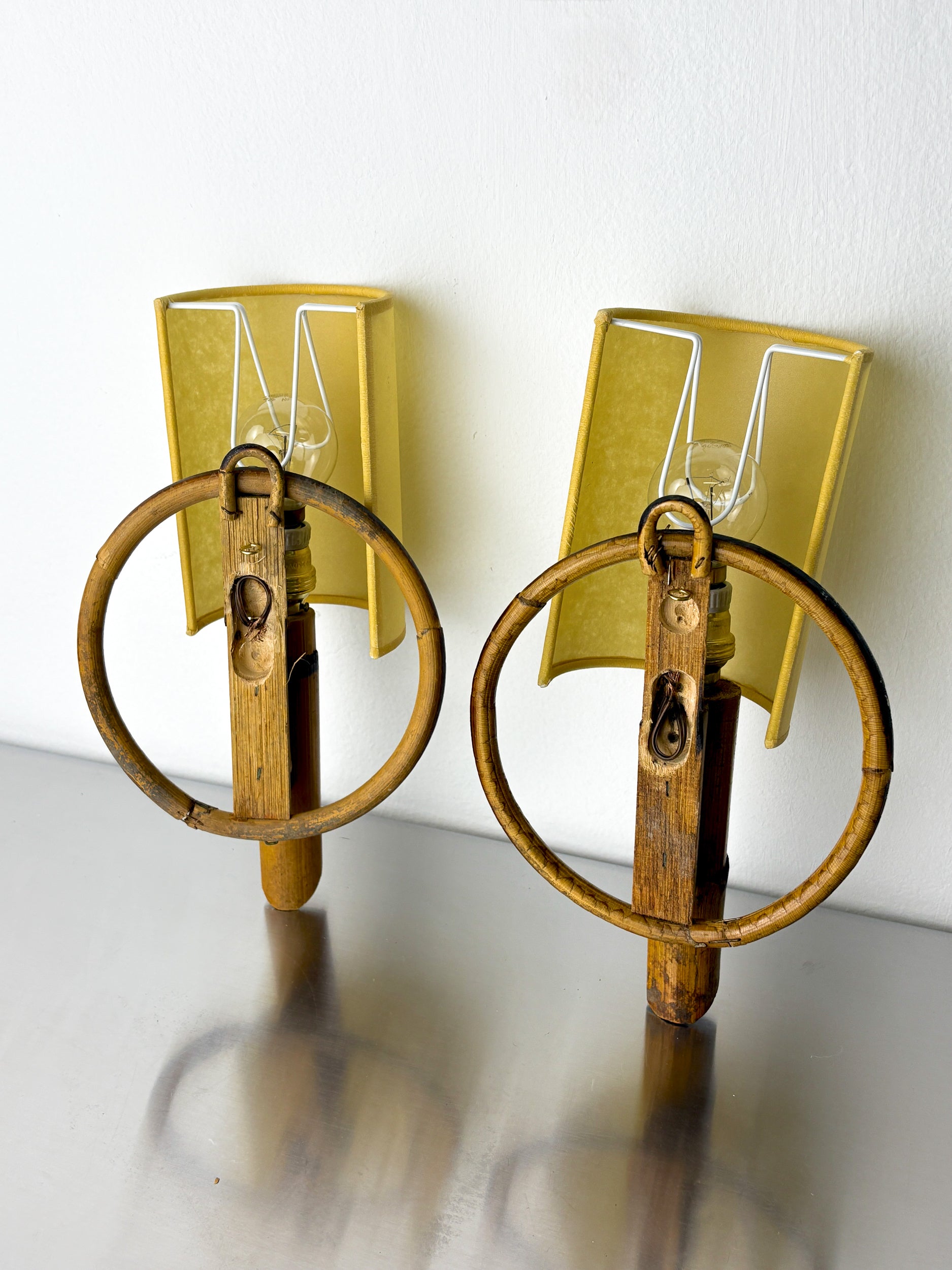 Pair of Mid-Century Rattan Wall Sconces, Italy, Circa 1960's