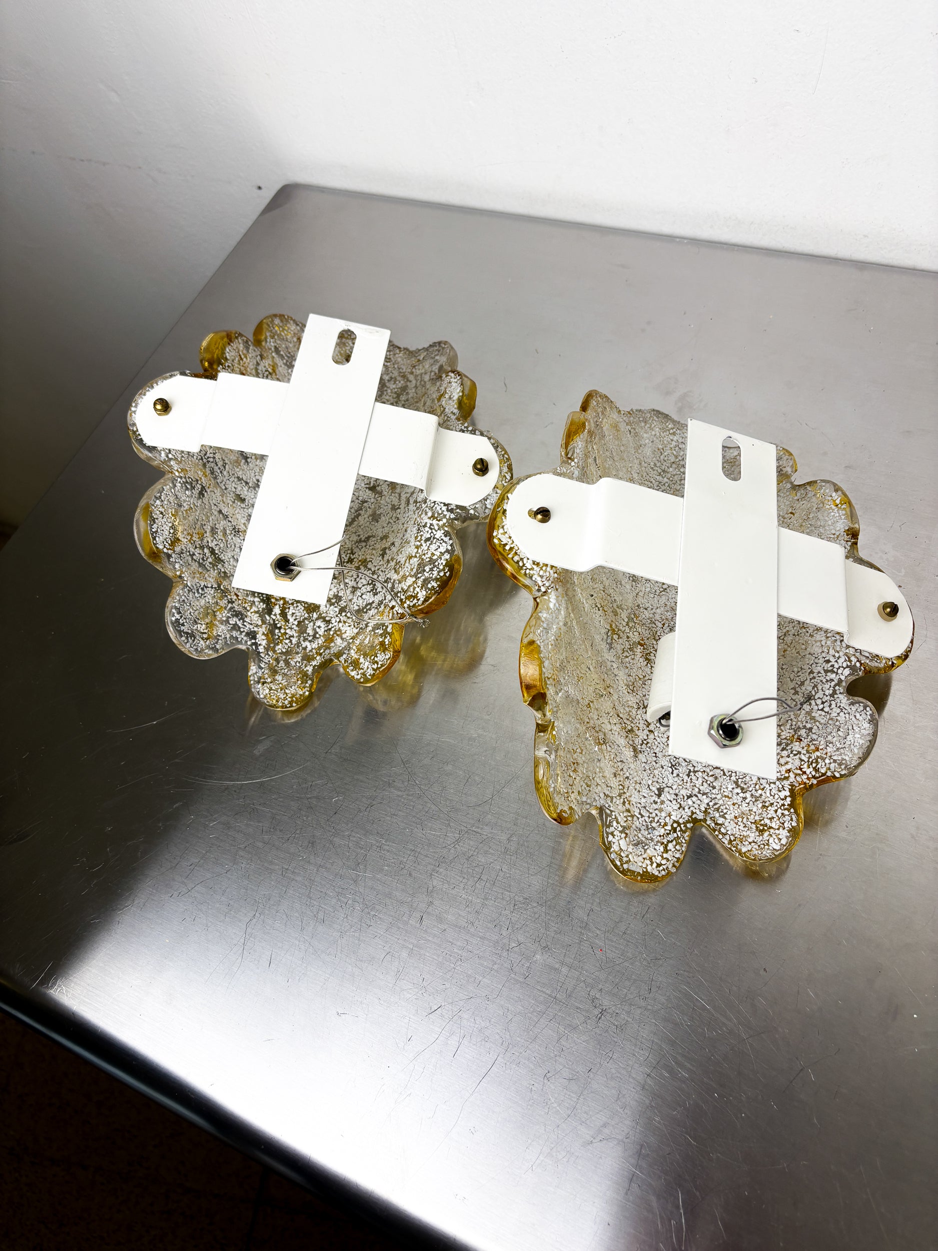 Pair of Orange Murano Frosted Leaf Sconces, Textured Glass & Gilt Details, Italy 1970s
