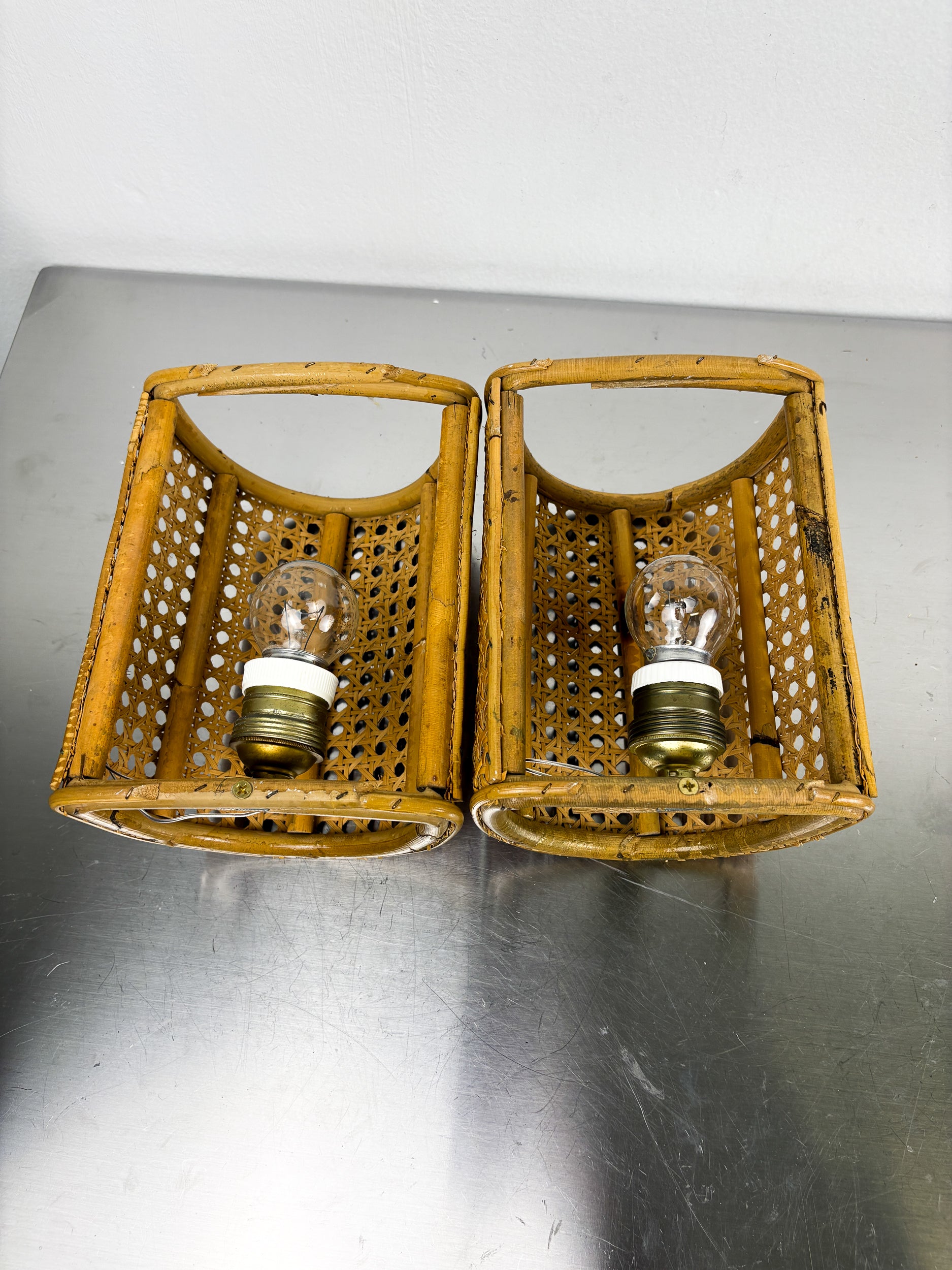 Pair of Midcentury Woven Wicker & Rattan Wall Sconces – Italy 1960s