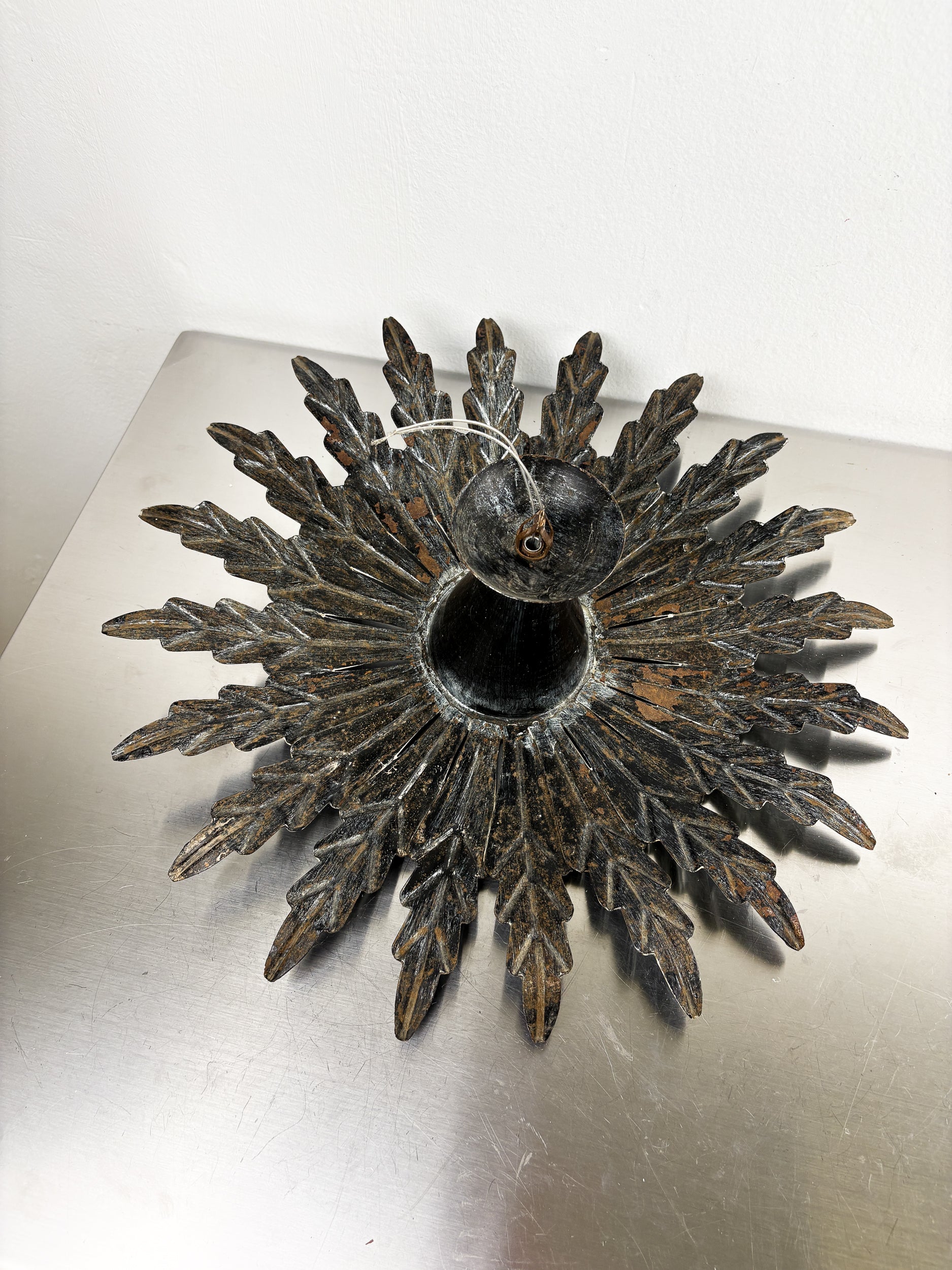 Spanish Sunburst Ceiling Light – Dark Gilt Metal Rays, 1950s