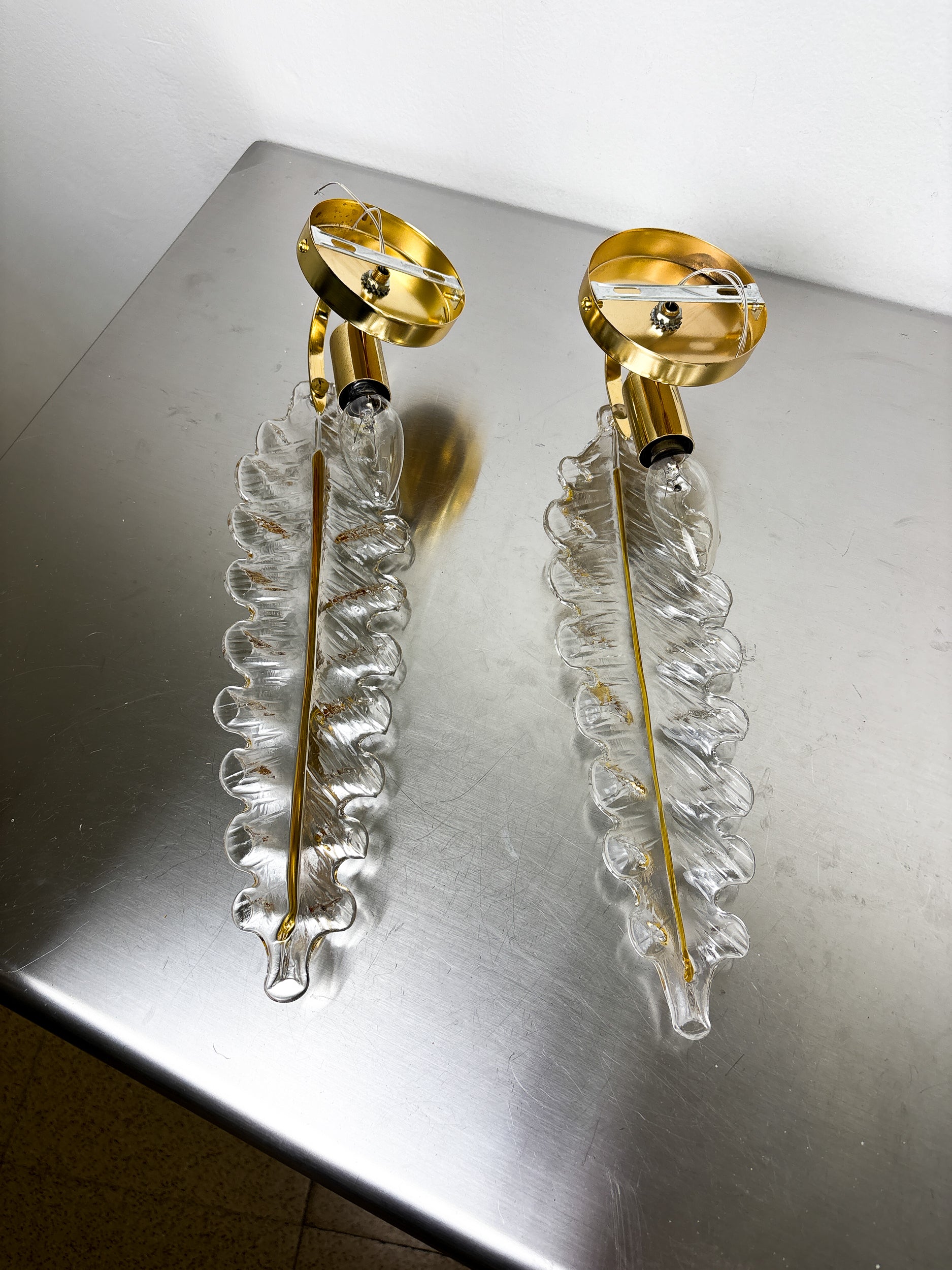 Pair of "Leaf" wall sconces by Murano Mazzega Italy, 1970's