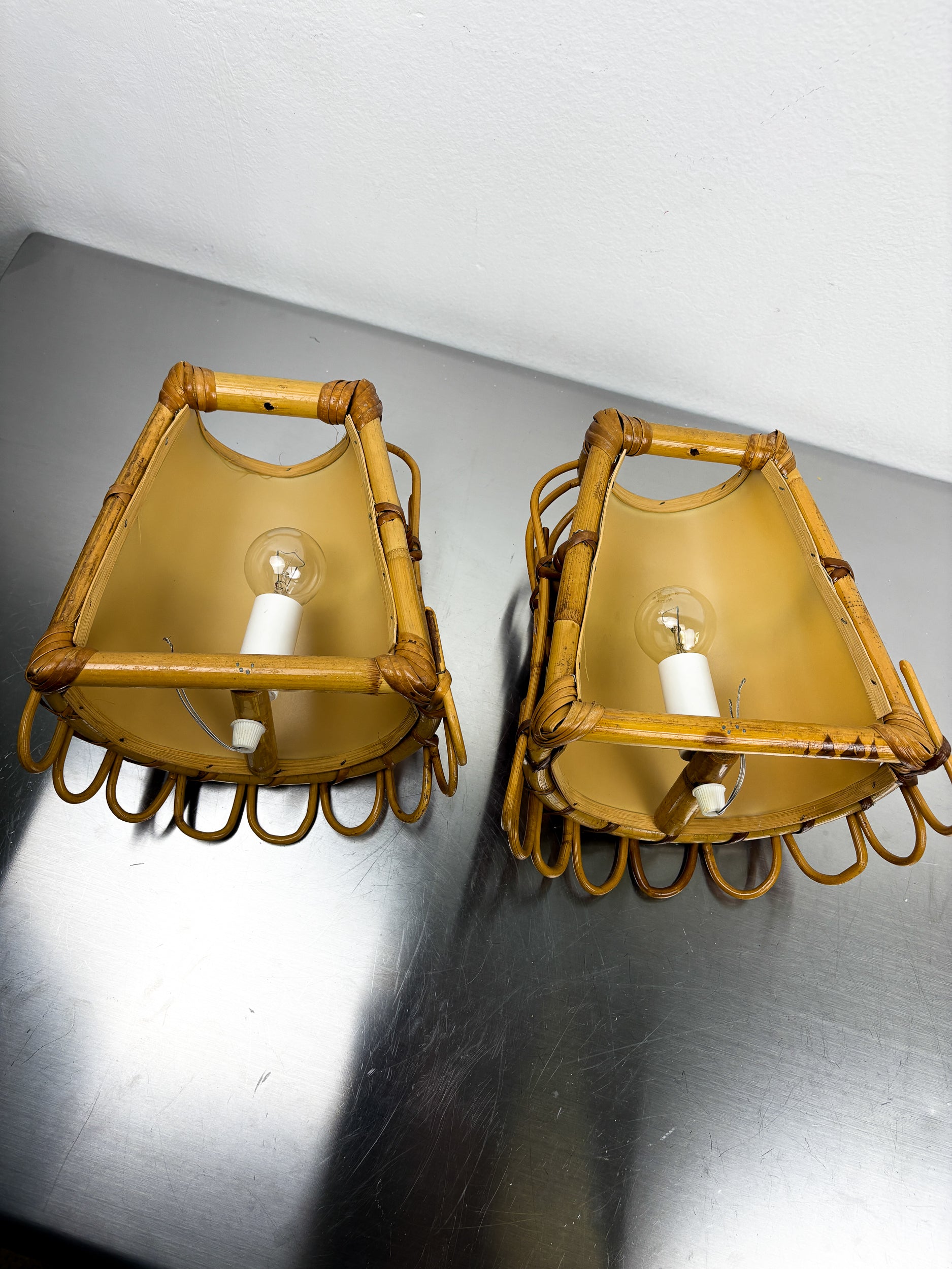 Pair of Mid-Century Rattan Wall Sconces, Italy, circa 1960s