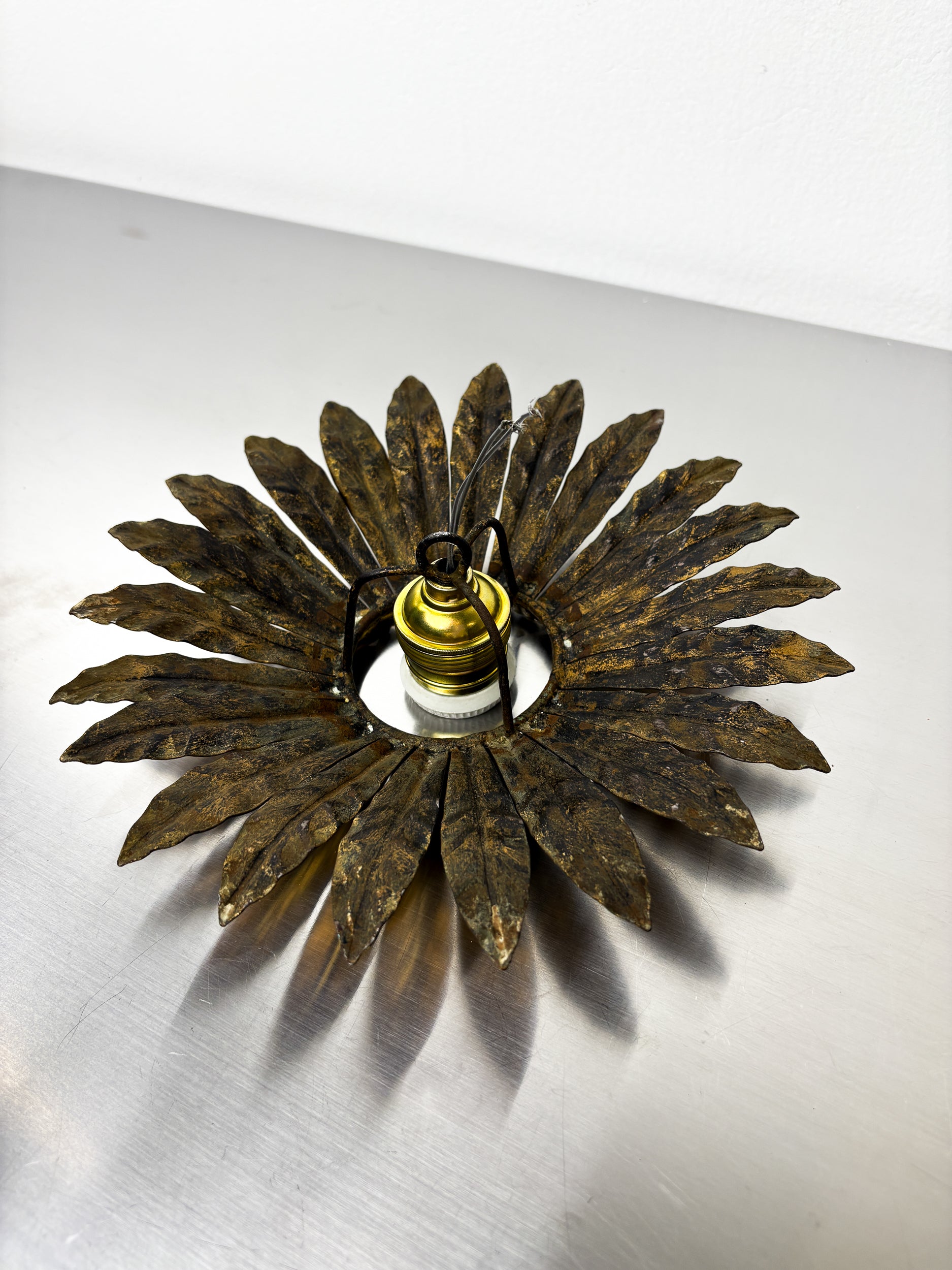 Spanish Sunburst Flush Mount Light Fixture in Gilt Iron, Circa 1960's