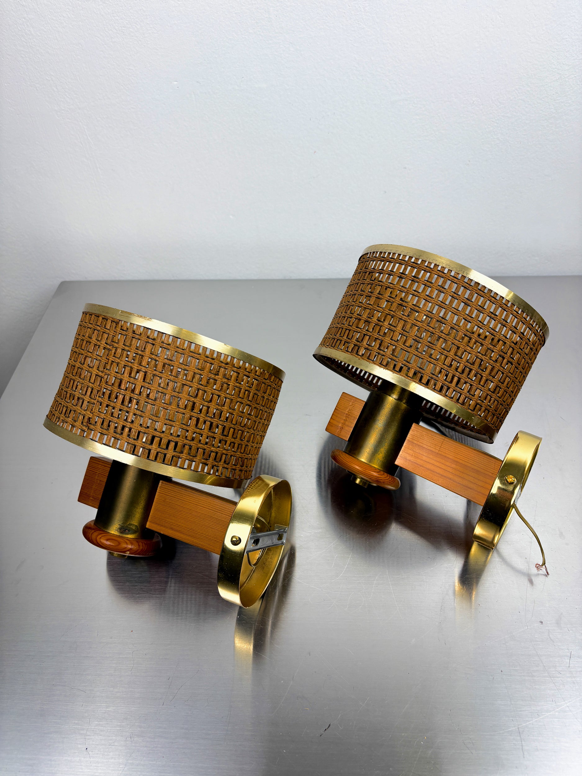 Pair of Vintage Rattan & Wood Wall Sconces, Italy, 1970's