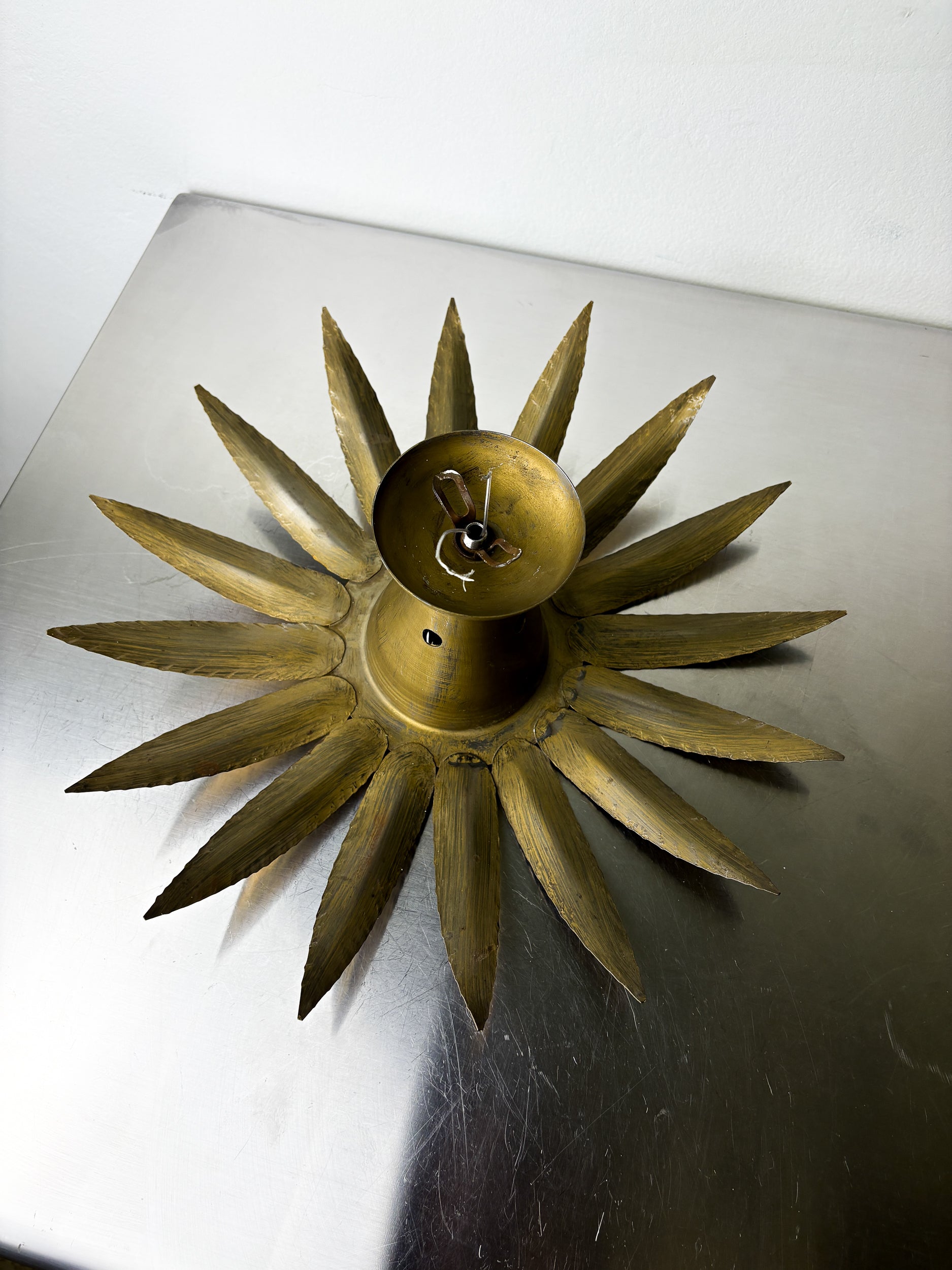 Spanish Sunburst Flush Mount Light Fixture in Gilt Iron, Ferro Art, 1960's