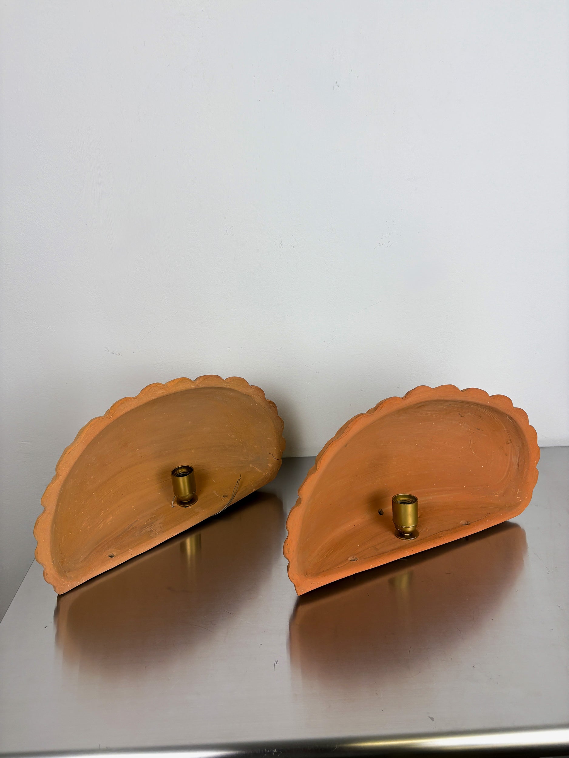 Pair of vintage italian Shell Wall sconces, large terracota sculptures, Circa 1980's