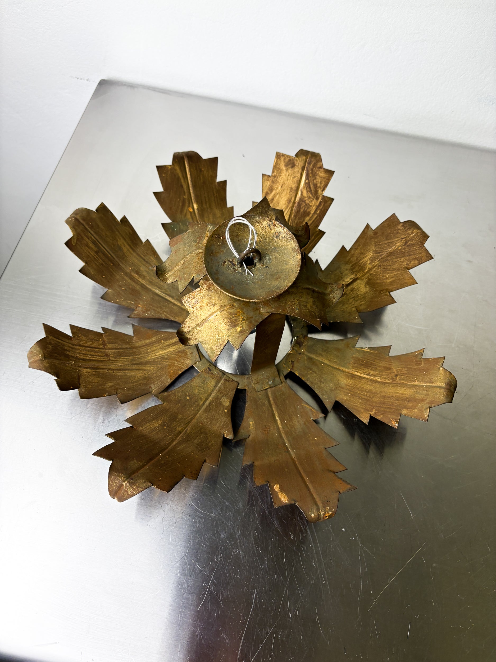Spanish Sunburst Flush Mount Light Fixture in Gilt Iron, Circa 1970's