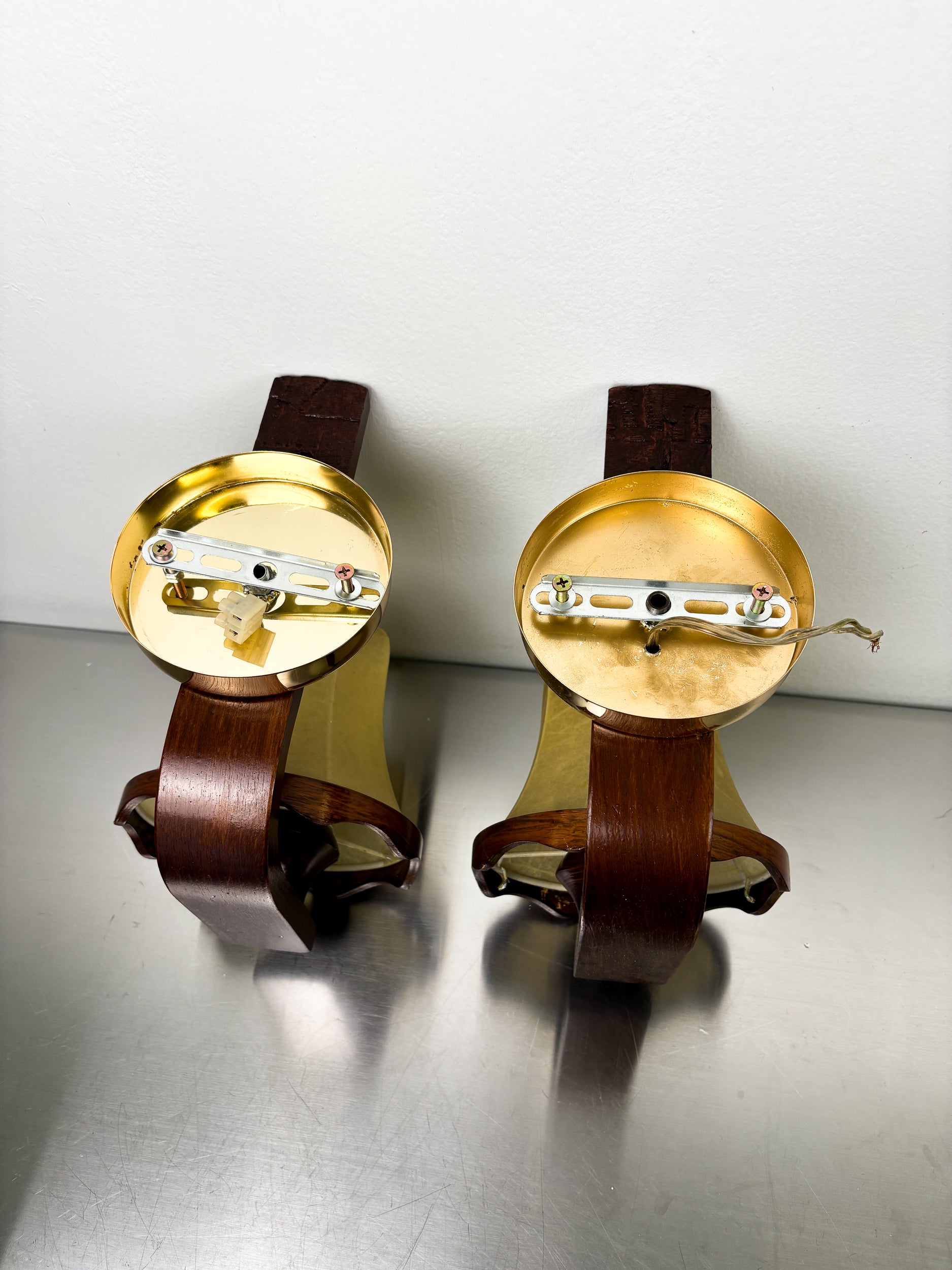 Pair of Italian "Cocoon" wall lights, resin and wood, 1970s