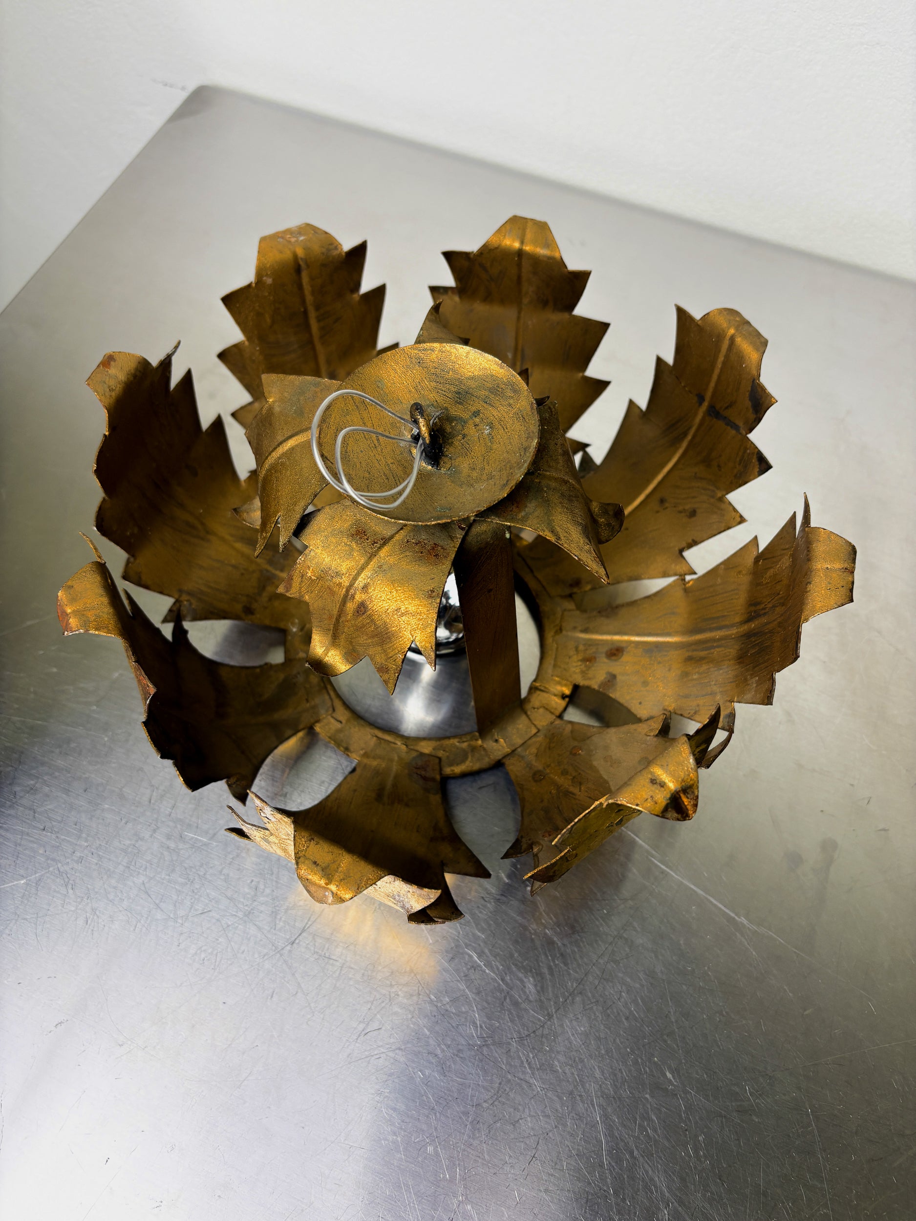 Spanish Sunburst ceiling light fixture or sconce in Gilt Iron, 1970's