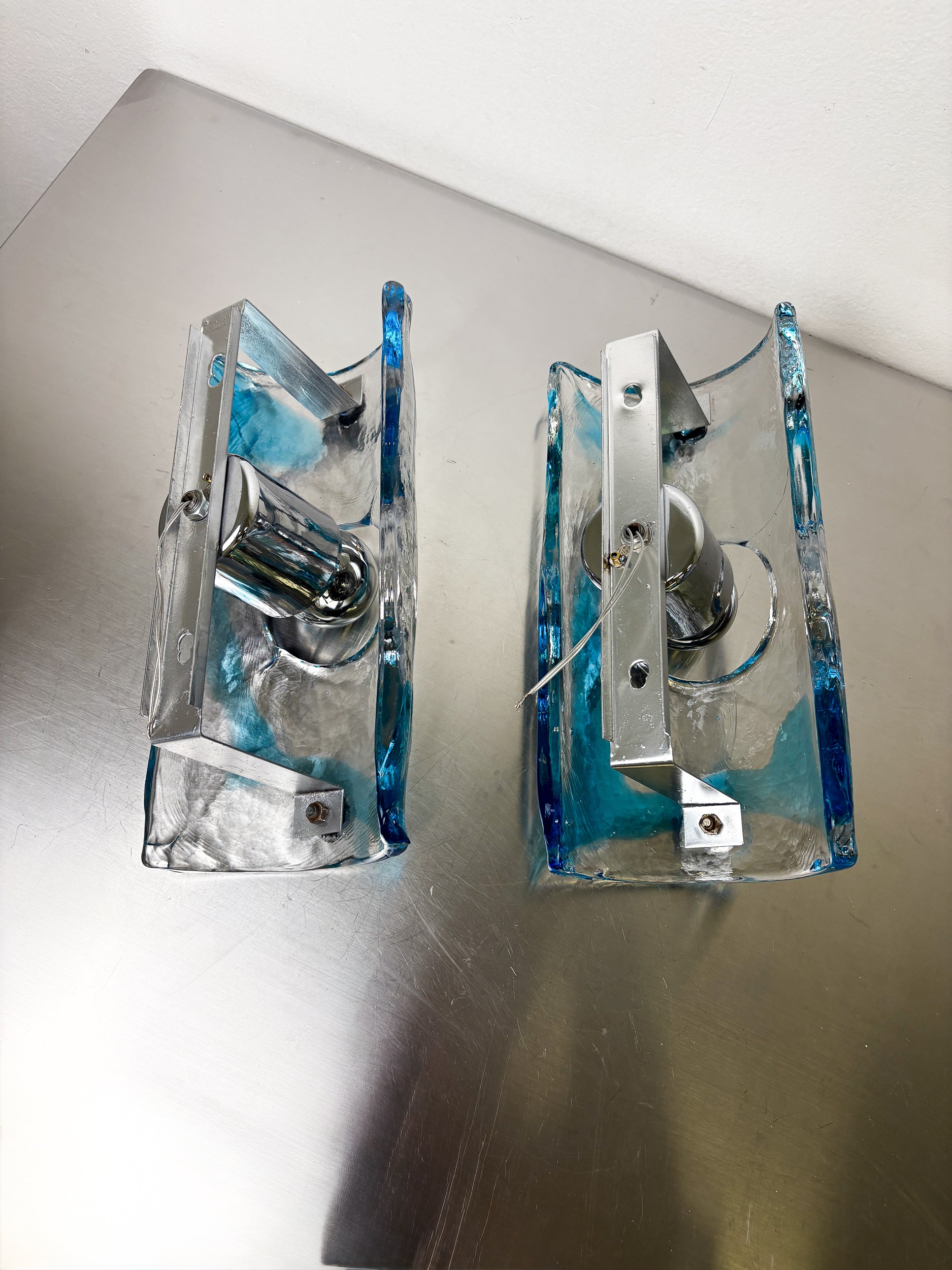 Pair of Clear Blue Murano Wall Sconces by Av Mazzega, Italy 1970s