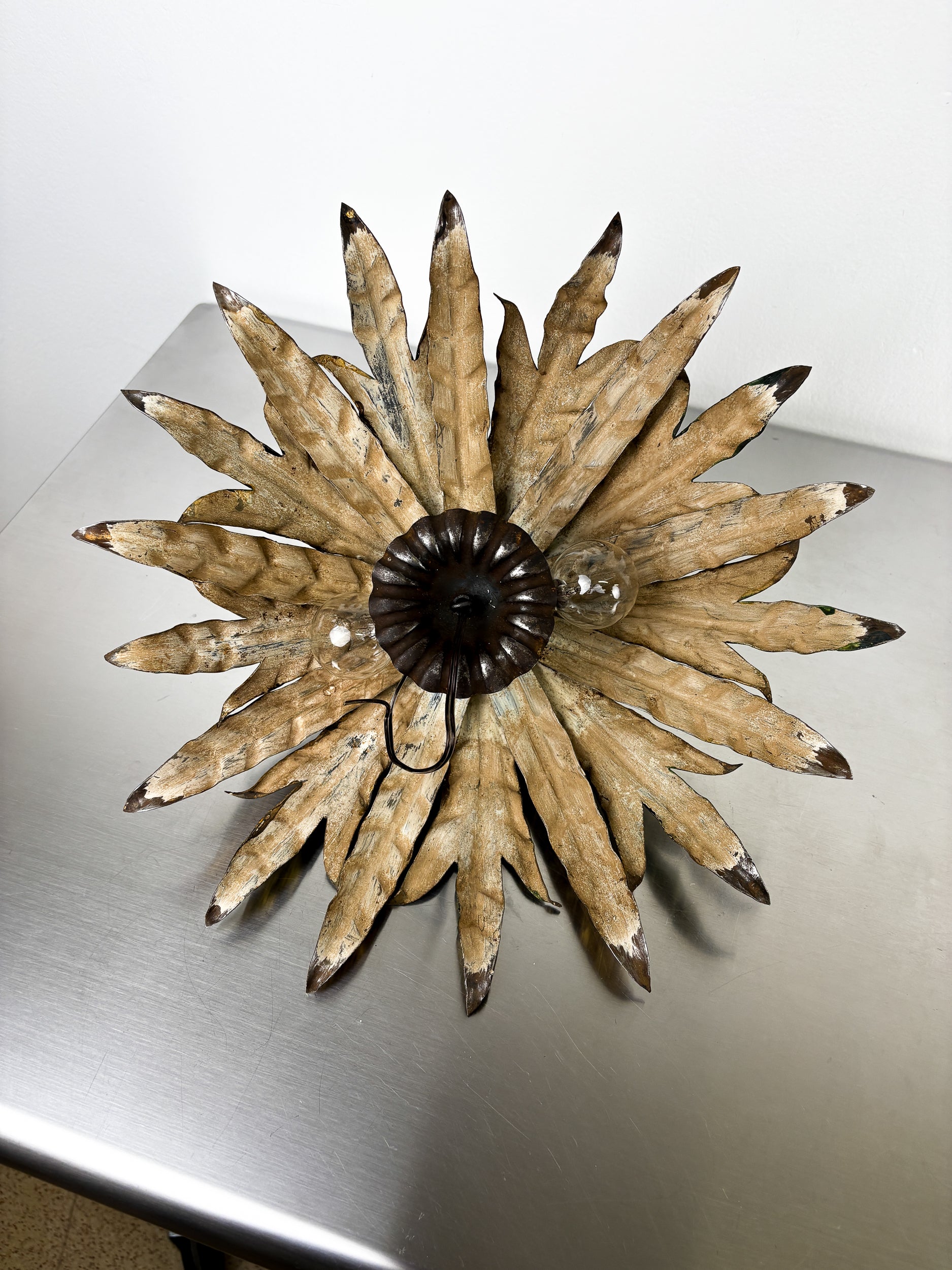 Mid-century Spanish Sunburst Foliage Ceiling Light Fixture or sconce, Green and Gilt Iron, 1950s