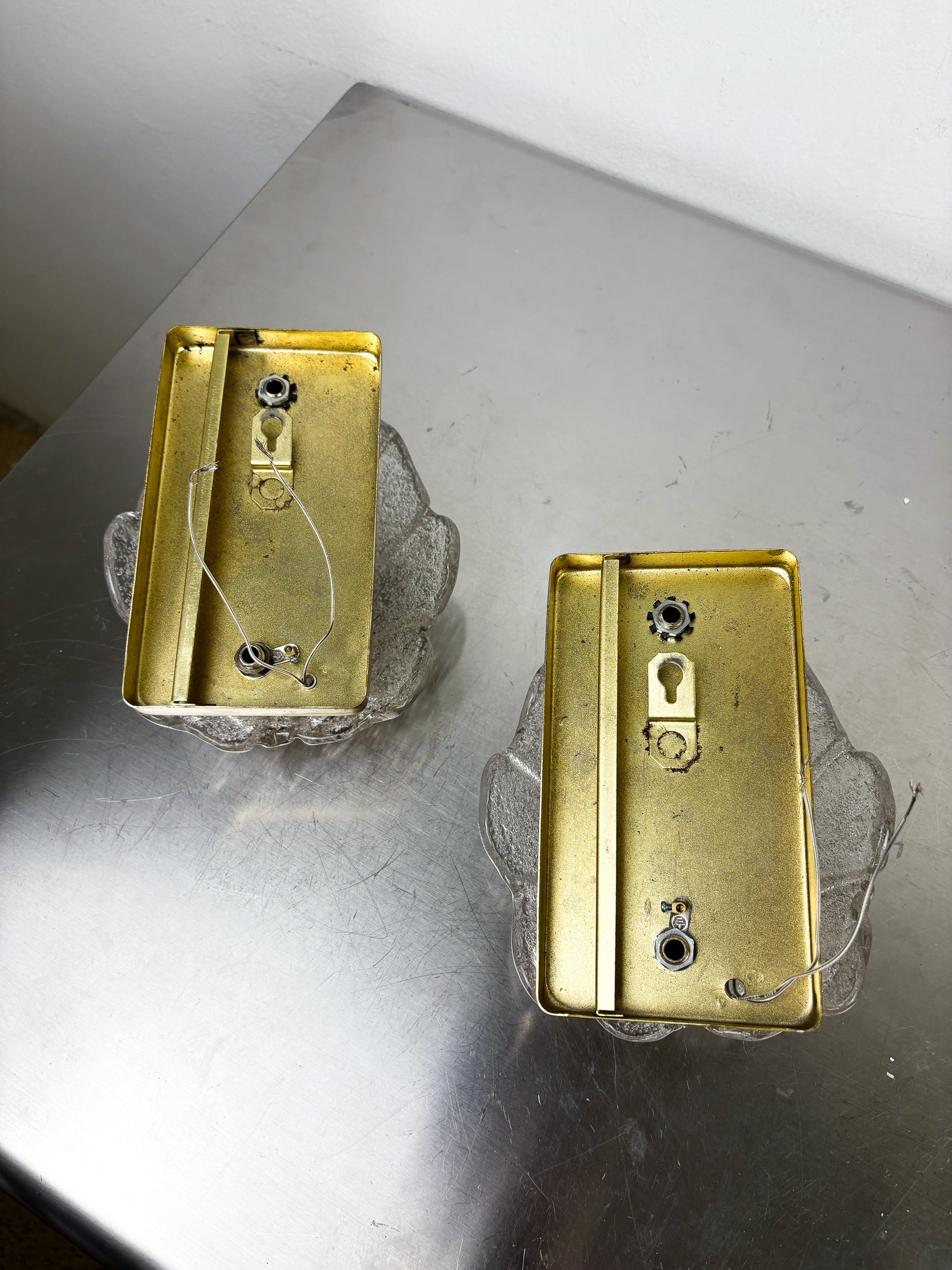 Pair of Murano Frosted Leaf Sconces, Textured Glass & Gilt details, Italy, Circa 1970's